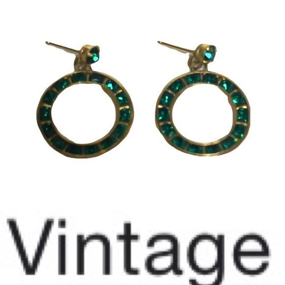 Vintage Jewelry - Vintage Faux Emerald Drop Hoop Gold Tone Earrings